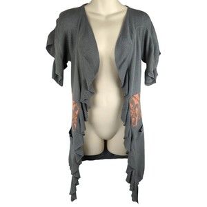 Lia Molly New Orleans Anthropologie Cardigan Sweater Gray Open Drape Ruffle S